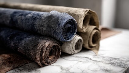 Rolled textured textiles in neutral blues/browns on marble