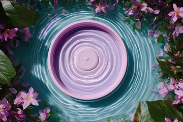 Rippled lilac cream surrounded by pink floral blooms