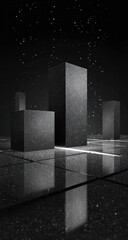 Dark, abstract cityscapes.  Gray cubic structures reflected on a polished surface at night