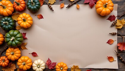 Fototapeta premium Autumn Fall Flat Lay with Pumpkins and Leaves