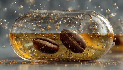 Coffee beans in capsule, oily liquid, floating bubbles