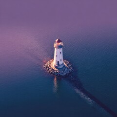 Solitary lighthouse stands on rocky islet, calm water
