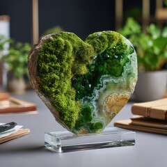 Heart-shaped, green moss & agate slice on glass stand