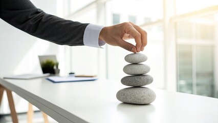 Economic recession, A person in a suit carefully stacks smooth stones on a table, symbolizing balance and mindfulness in a serene office environment.