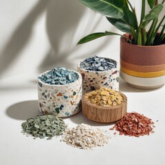 Terrazzo vessels hold colored chips, plant beside
