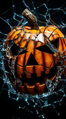 A halloween pumpkin is looking through a broken glass with a scary face