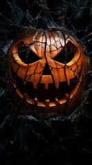 A menacing jackolantern with a cracked surface and an ominous expression peers out
