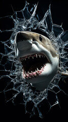A great white shark bursts through shattered glass with menacing teeth and power