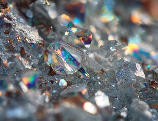 Close-up of fractured crystals, iridescent rainbow hues
