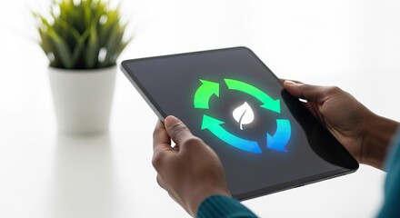 Product sustainability, A person holds a tablet displaying a recycling symbol and leaf, sustainability and environmental awareness