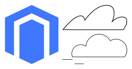 Blue shield-thumbs up structure paired with line clouds evokes stability, security, and digital connectivity. Ideal for technology, cloud computing, security, innovation, minimalism, branding simple