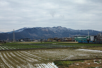 View of landscape Yufuin village in the winter after snow fall