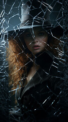 A young woman in a top hat is seen through shattered glass in a dark scene