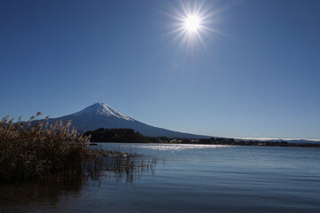 View of landscape fuji mountain in winter at Lake Kawaguchi