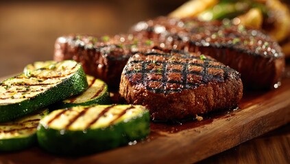 Grilled steak and zucchini on wood
