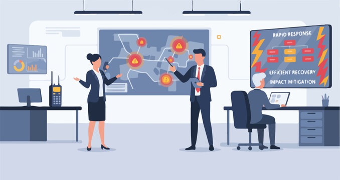 Disaster Recovery Planning and Crisis Management Vector Illustration. Wide Landscape Emergency Response Team