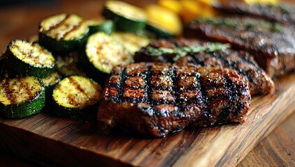 Grilled steak and zucchini on wooden board, ready to serve
