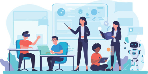 Education 2050 Classroom Vector – Teacher, Students with VR and AR, Researcher, Robot Assistant – Futuristic Learning Illustration