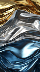 Closeup of shimmering metallic fabric in gold, silver, and blue tones, creating a luxurious texture