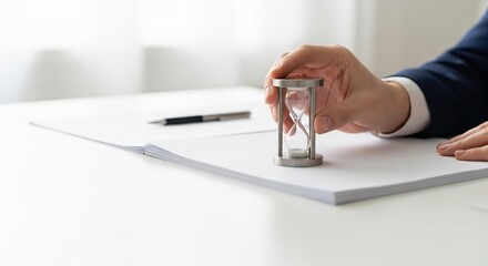 A hand holds an hourglass next to a stack of papers and a pen, the passage of time and the importance of deadlines in work or study.