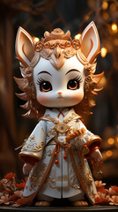 Adorable fox doll in traditional chinese clothing with intricate gold embroidery