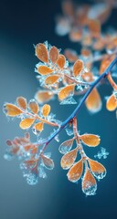Frosted leaves on branch, soft blue background
