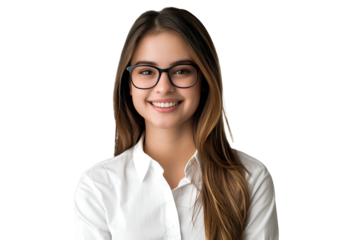 young smiling woman in a white shirt and glasses standing isolated on a transparent background.