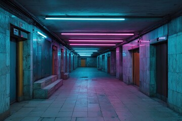 Neon-lit corridor with doorways, cool cyberpunk aesthetic