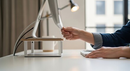 Economic recession, simplicity value, A person adjusts a modern computer monitor on a stylish desk, emphasizing a sleek workspace with a minimalist aesthetic.