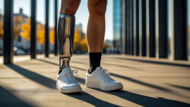 Person with Prosthetic Leg Walking Outdoors - Powered by Adobe