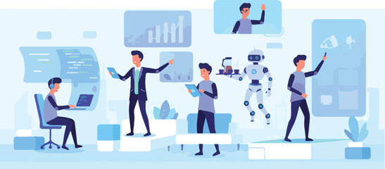 Futuristic AI Office Team Vector Illustration – Coder, Manager, Analyst, Designer, Robot Assistant, Remote Worker – Flat Modern Business Scene