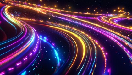 The image shows multiple vibrant neon light trails creating a dynamic, swirling pattern against a dark background.