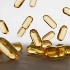 Golden Softgel DHA Algal Oil Supplement Capsules on White Background