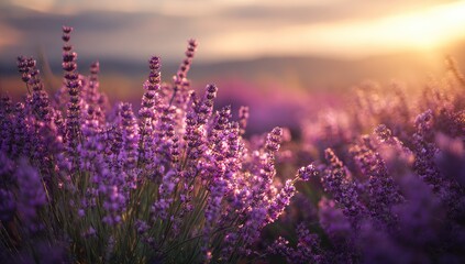 Lavender field blooms under golden sunset light
