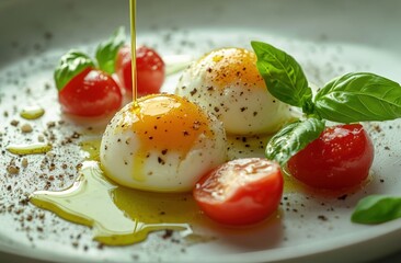 Gourmet breakfast poached eggs with tomatoes, basil, olive oil, and pepper on a white plate