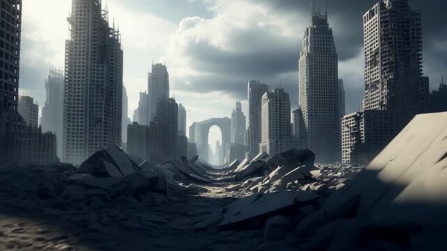 Post apocalyptic city ruins destroyed buildings grey landscape, 4k video footage