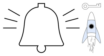 Large ringing bell with emphasis lines, minimalist rocket launching upward, and key symbolizing access. Ideal for alerts, motivation, innovation, progress, opportunities, discovery success in simple