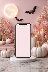 Smartphone with blank screen on stand surrounded by pastel pumpkins, candles, bats, and full moon. Elegant Halloween mockup with soft decorative background