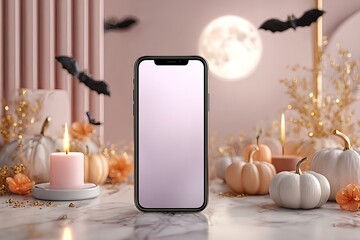 Smartphone with blank screen on pedestal surrounded by pastel pumpkins, golden ornaments, bats, and full moon. Elegant Halloween mockup scene with soft colors