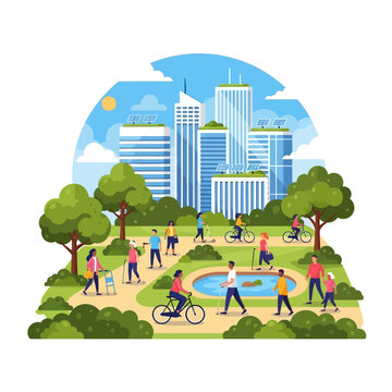 Vibrant Urban Park Scene Diverse People Enjoying Outdoor Activities in a Modern Green City Landscape with Skyscrapers