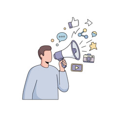 Man using a megaphone to announce important news and promote products with social media icons flying out, communication concept illustration