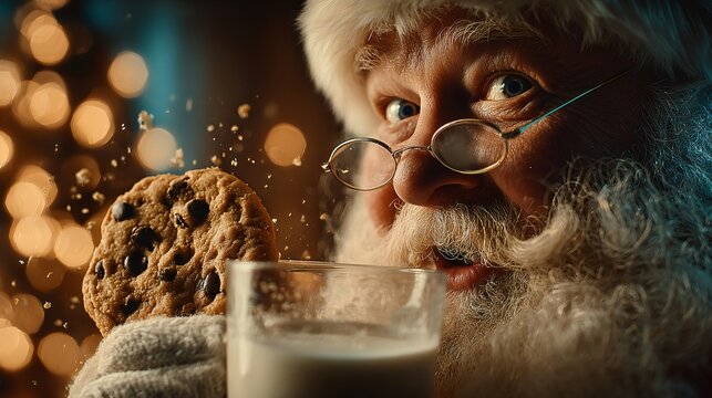 Santa claus enjoying christmas cookies and milk treat