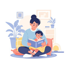 A mother and child enjoying a quiet moment together reading a storybook in a cozy living room