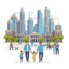 City park scene with same-sex parents walking with children, skyscrapers in the background