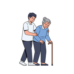 Caring Young Man Assists an Elderly Woman with a Walking Stick, Providing Support and Companionship, Illustrating Intergenerational Care and Compassion