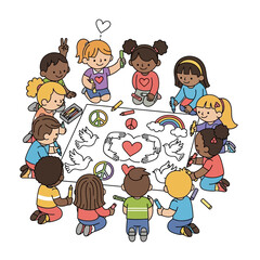 Diverse Group of Happy Children Collaborating on a Colorful Artwork Featuring Peace Symbols and Rainbows, Promoting Unity and Creativity