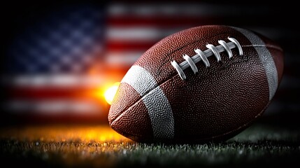 American football ball on field with usa flag