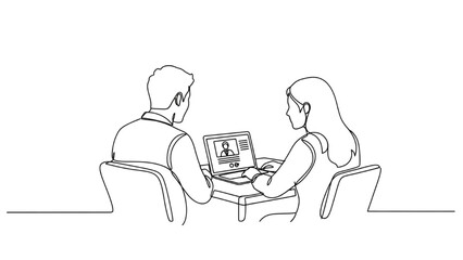 Black Continuous One Line Drawing of Two People at Desk with Laptop on Video Call, Minimalist Vector Illustration