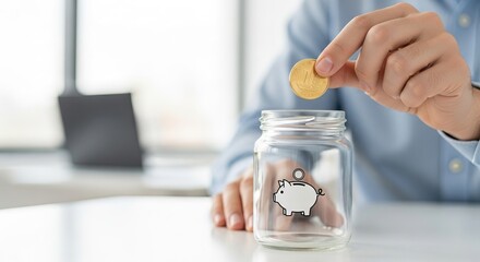 Personal Finance, A person deposits a coin into a clear jar with a piggy bank design, saving money and financial planning.