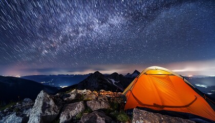 illuminated orange tent atop a rocky mountain peak at night under a starry sky